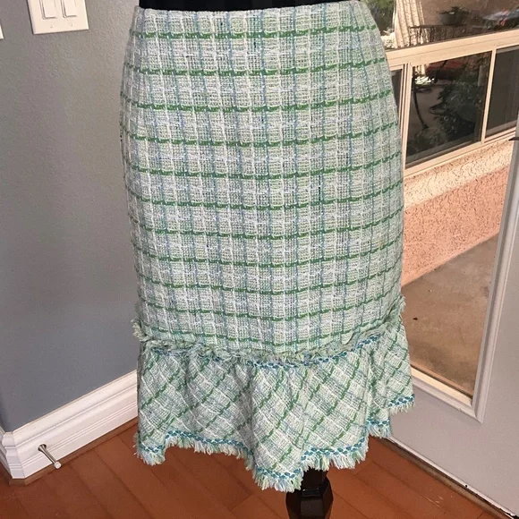 Kay Unger Y2K Preppy Tweed Plaid Skirt Suit Country Club Romantic Green White 10 - Picture 10 of 16
